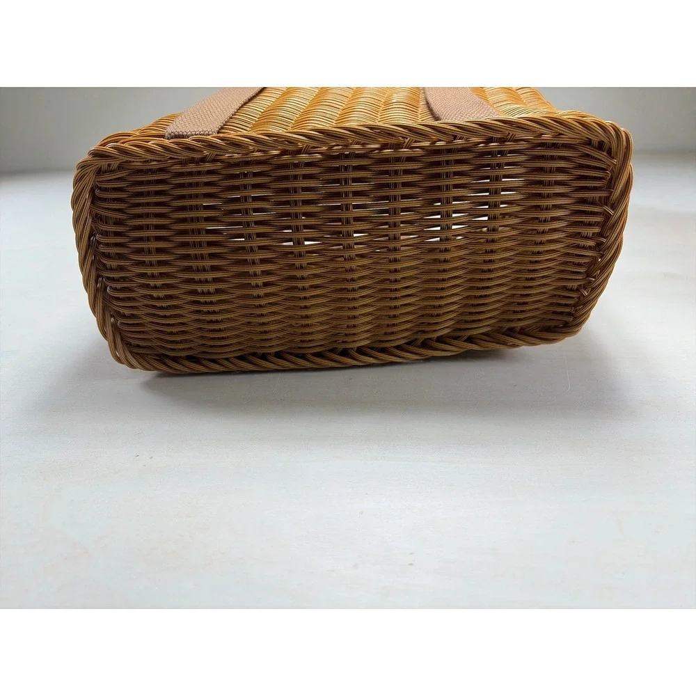 Woven Wicker Market Basket Tote Brown Plastic Rattan Picnic Bag with Handles